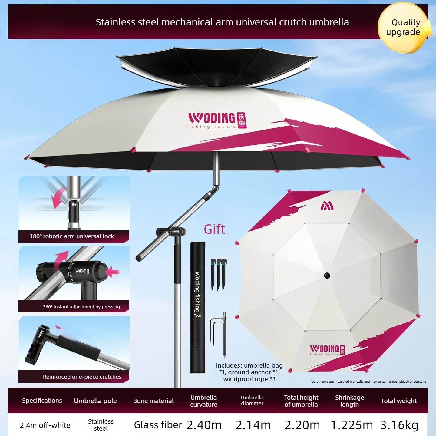 Fishing Umbrella Robotic Arm Anti Rotation Large Canopy Adjustable Sun Rain Shelter for Wading Bank Outdoor Angling 낚시 우산