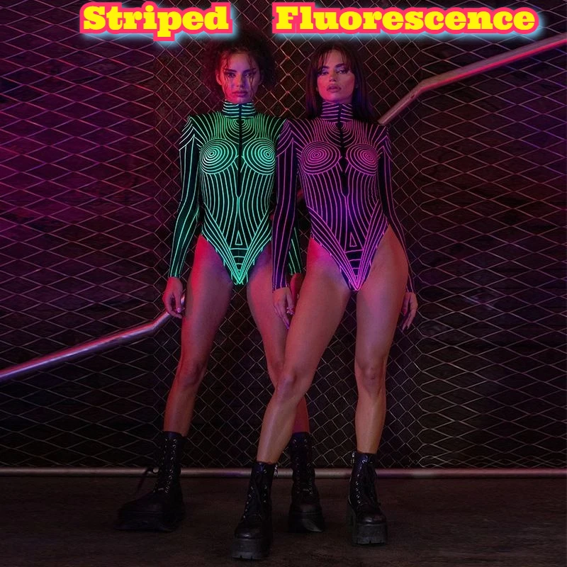 بذلة نسائية مخططة من الفلورسنت برقبة عالية وأكمام طويلة مبطنة على الكتف وسحاب ملابس الشارع الشهير عصرية بصوت عالٍ أنيقة #1