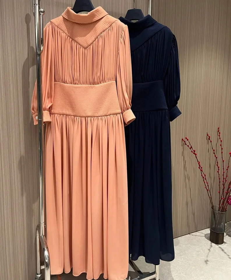 2024 Spring summer women 3/4 sleeve turtleneck pleated maxi dresses celebrity elegant long dress