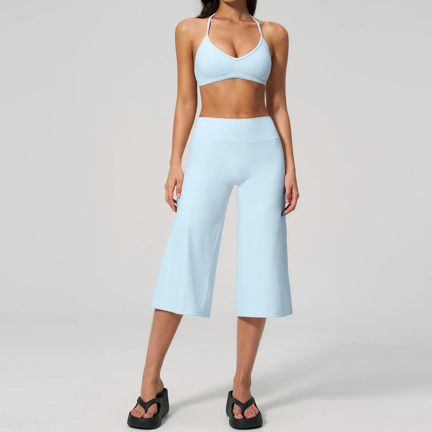 Women 2 PCS Yoga Outfit Halter V Neck Sports Bra High Waist Capri Wide Leg Leggins Pants Sets Soft Stretch Workout Gym Tracksuit