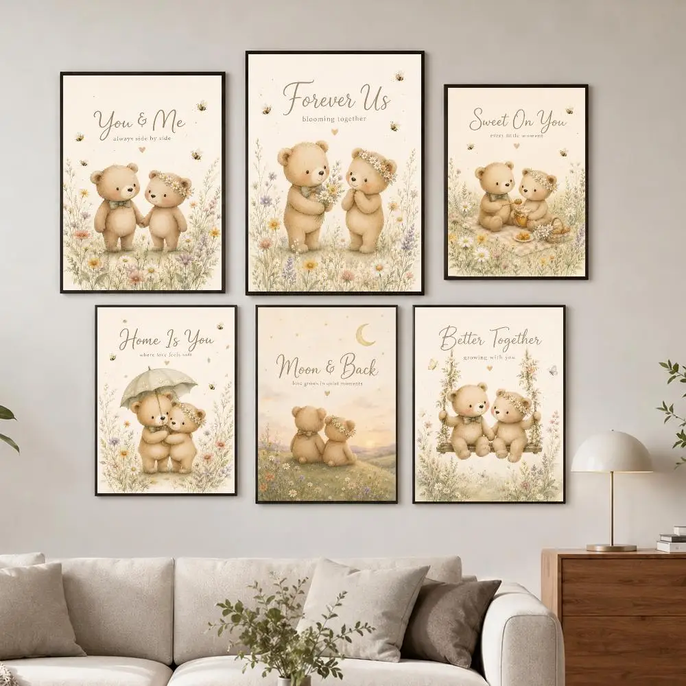 Teddy Love Couple Poster Wall Decor Self-Adhesive Aesthetic Modern Vibe Stylish Gift Friends Using Living Room Bedroom