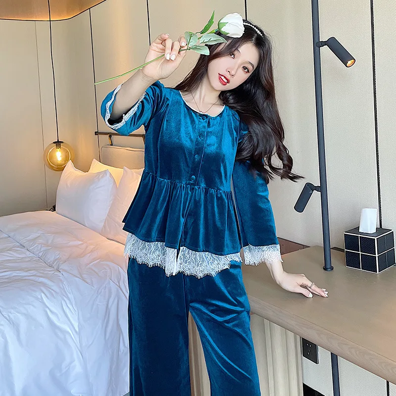 Autumn Winter Velvet Nightwear Pyjama Femme Trouser Suit Sleepwear Set Velour Pajamas Female 2PCS Sexy V-Neck Lace Homewear