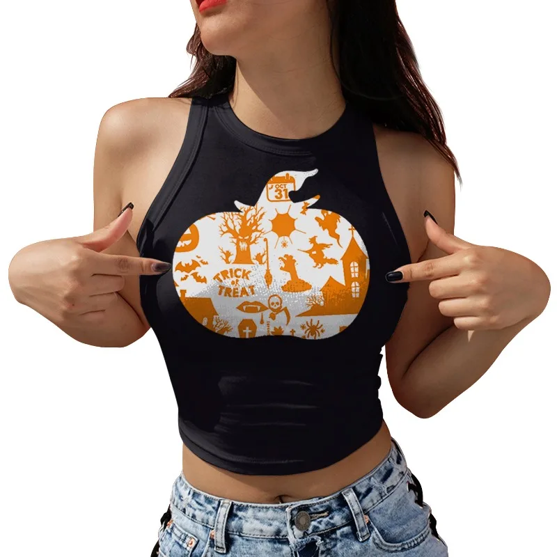 Womens Retro Halloween Pumpkin Silhouette Print Halter Neck Crop Top Sleeveless Slim Party Tank Shirt