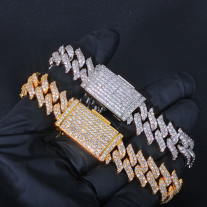 15mm Hip Hop Barb thorn Cuban Chain Full Diamond Men's Bracelet Trend  Jewelry Gift Drop Shipping Gold Silver Color