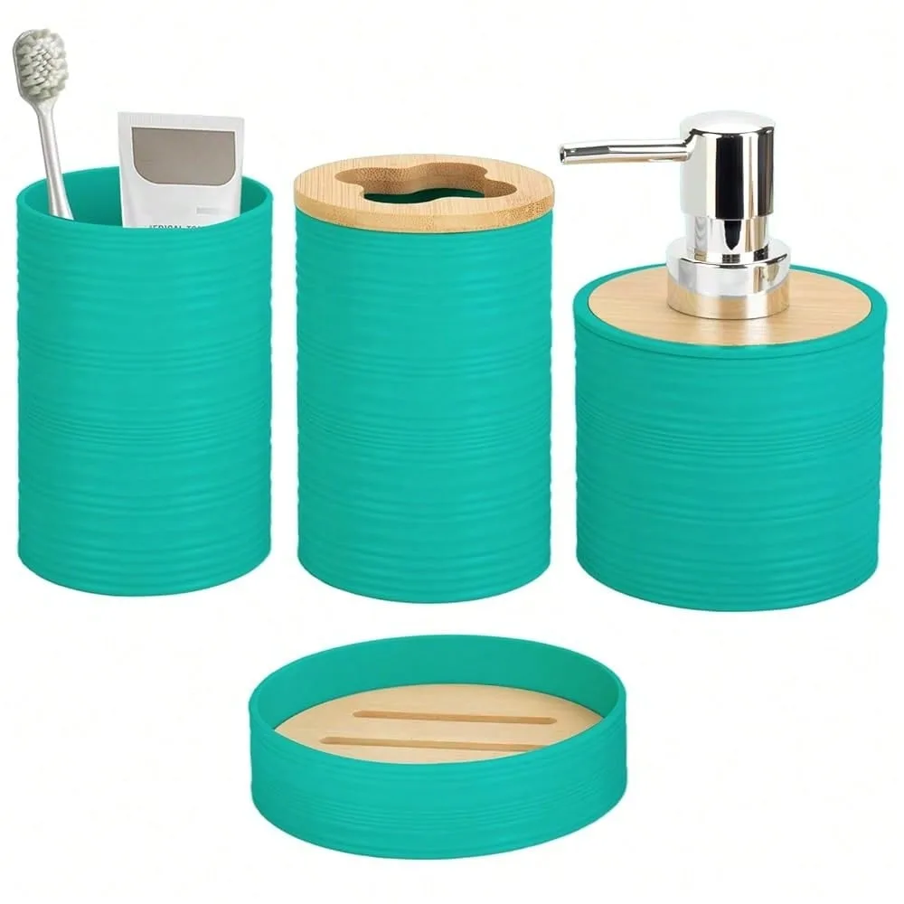 

4 Pieces Bamboo Bathroom Accessories Set, Bathroom Accessory Set With Soap Dispenser And Toothbrush Holder, Soap Dish And Toothb