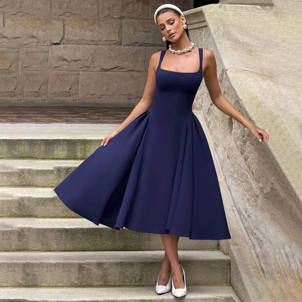 

New Sleeveless Women's Dress Elegant Square Neck Suspenders Chic Backless A-line