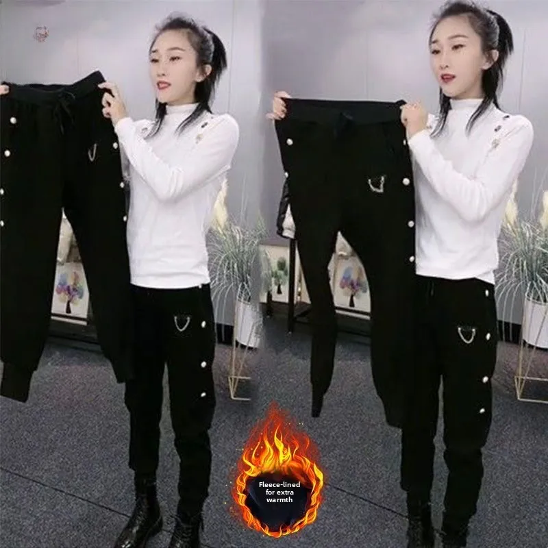 Pantaloni casual da donna a vita alta foderati in Fce pantaloni larghi dimagranti autunno inverno nuovi pantaloni lunghi larghi