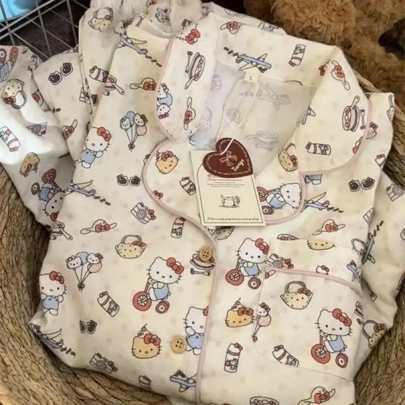 ชุดนอนลายการ์ตูนเฮลโลคิตตี้น่ารักสำหรับผู้หญิง ชุดนอนแขนยาวขายาวสำหรับฤดูใบไม้ผลิ/ฤดูใบไม้ร่วง เหมาะสำหรับนักเรียน หอพัก และใช้ในบ้าน ชุดซานริโอ