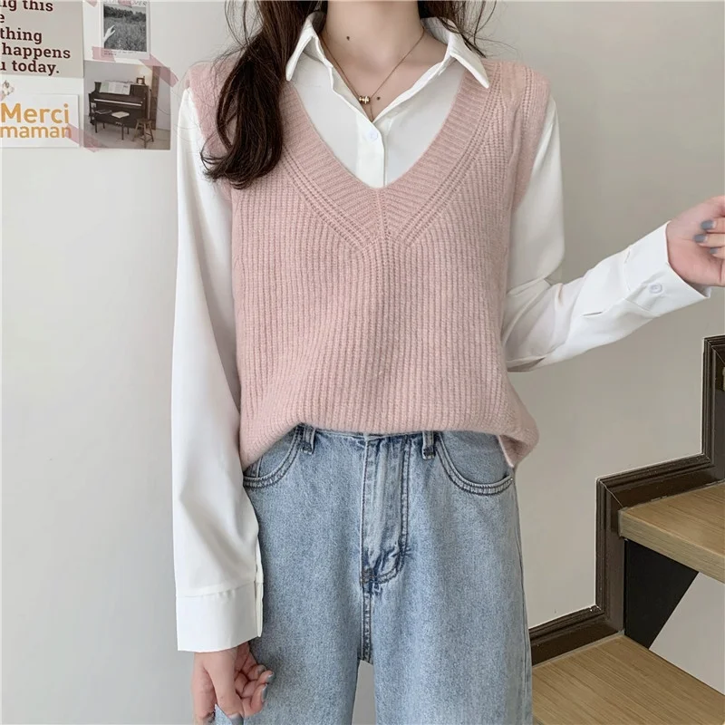 

Свободный вязаный жилет женский осенний, новый корейский стиль, студенческий, универсальный, в стиле кэжуал, модный комплект