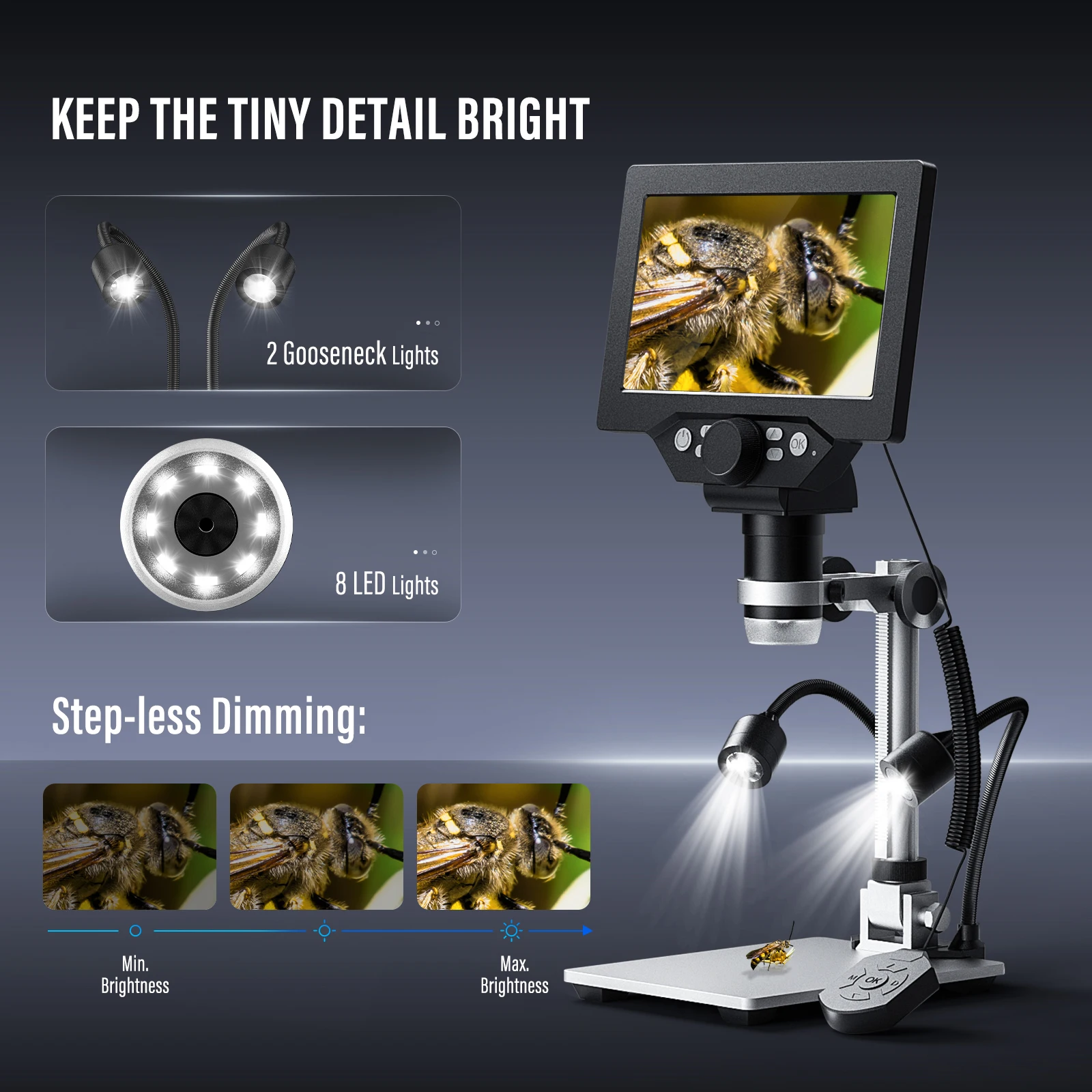 Professional HDMI Digital Microscope 7'' LCD 1200X Magnification Video Camera Microscopes 12MP Ultra-Precise Focusing