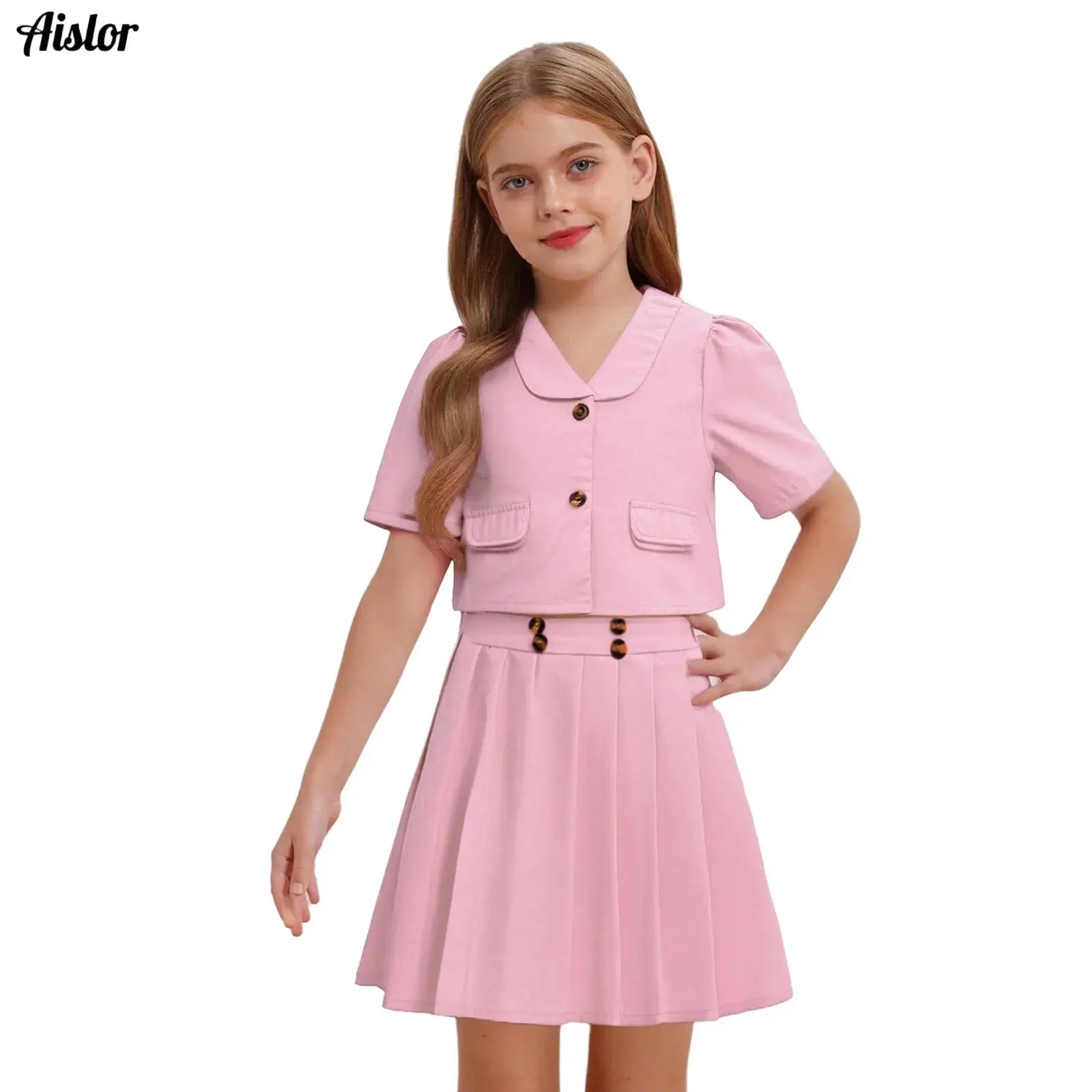 

Kids Girls Uniform Outfit 3-Piece Turn-Down Collar Short Sleeve Blazer Jacket+Camisole+Pleated Skirt for Wedding Party Pageant