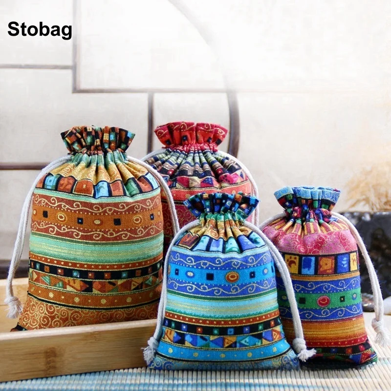 

StoBag 50pcs Wholesale Linen Cotton Drawstring Bag Printed Candy Gift Jewelry Package Storage Bundle Pocket Reusable Pouches