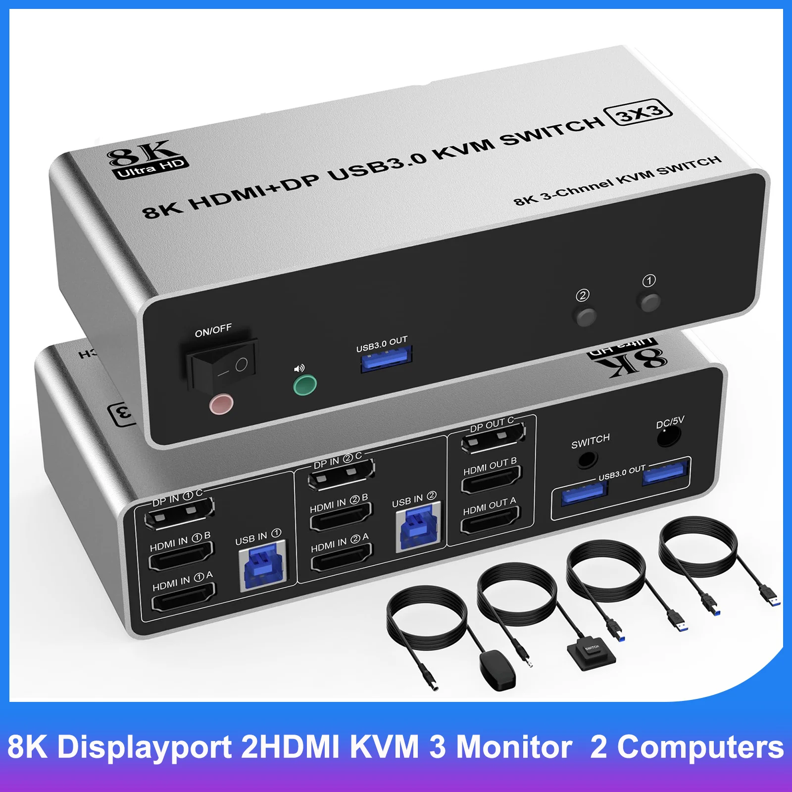 

Displayport 8K + 2 HDMI переключателя KVM с тройным монитором, 3 монитора, 2 компьютера, KVM-переключатель 8K @ 60 Гц с аудио микрофоном и 3 портами USB