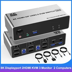 8K Displayport + 2 HDMI Triple Monitor KVM Switch 3 Monitors 2 Computers,8K@60Hz KVM Switch with Audio Mic and 3 USB 3.0 Ports