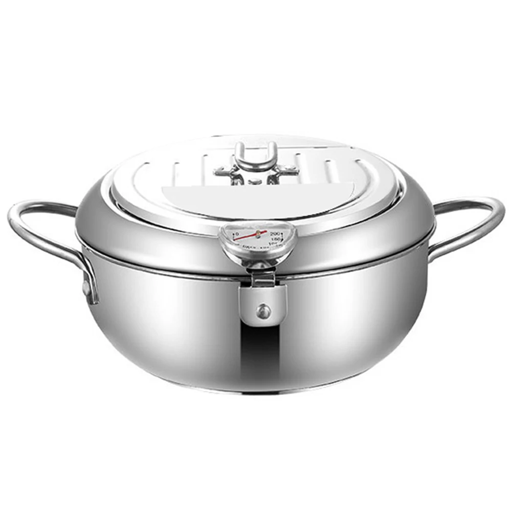 مقلاة تمبورا على الطراز الياباني مع غطاء ميزان الحرارة رف تجفيف الزيت بالتنقيط 304 مقلاة زيت من الفولاذ المقاوم للصدأ لرقائق الأسماك والدجاج #1