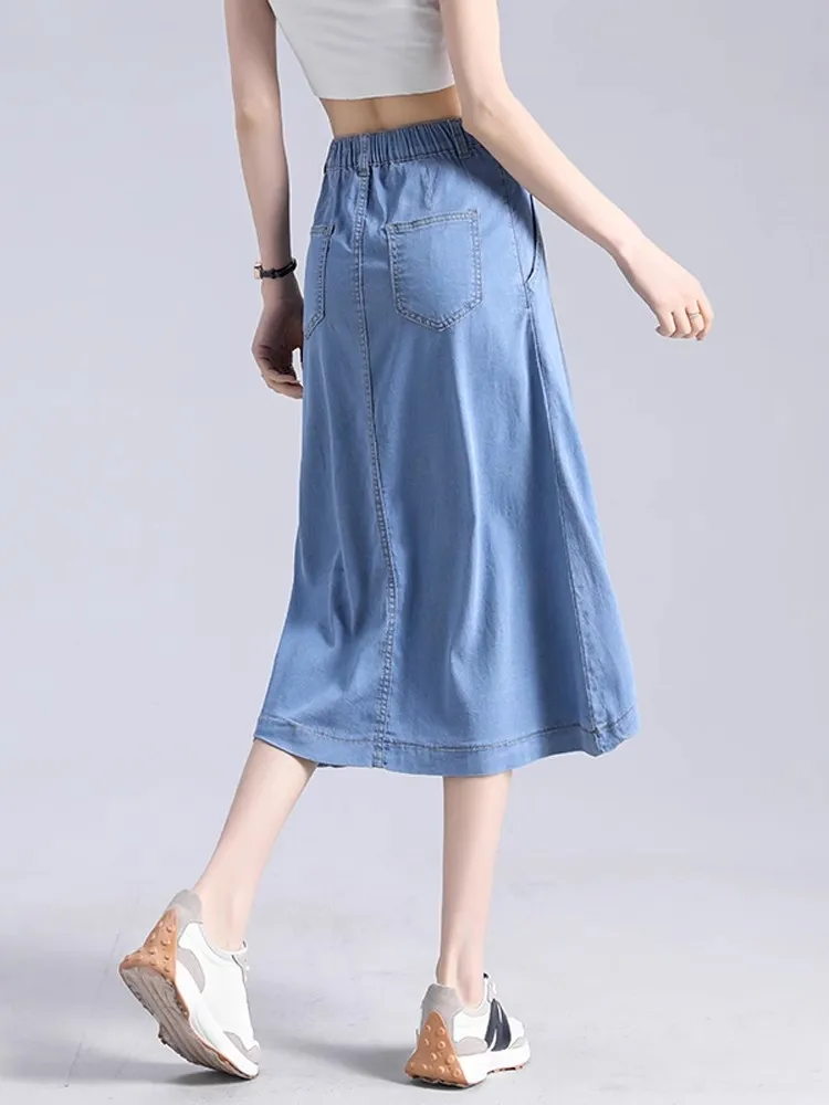 

High Waist Denim Skirt Women Summer Thin Elastic Waist Ice Silk Ultra Thin High-End Feel Mid-Length A-Line Skirt