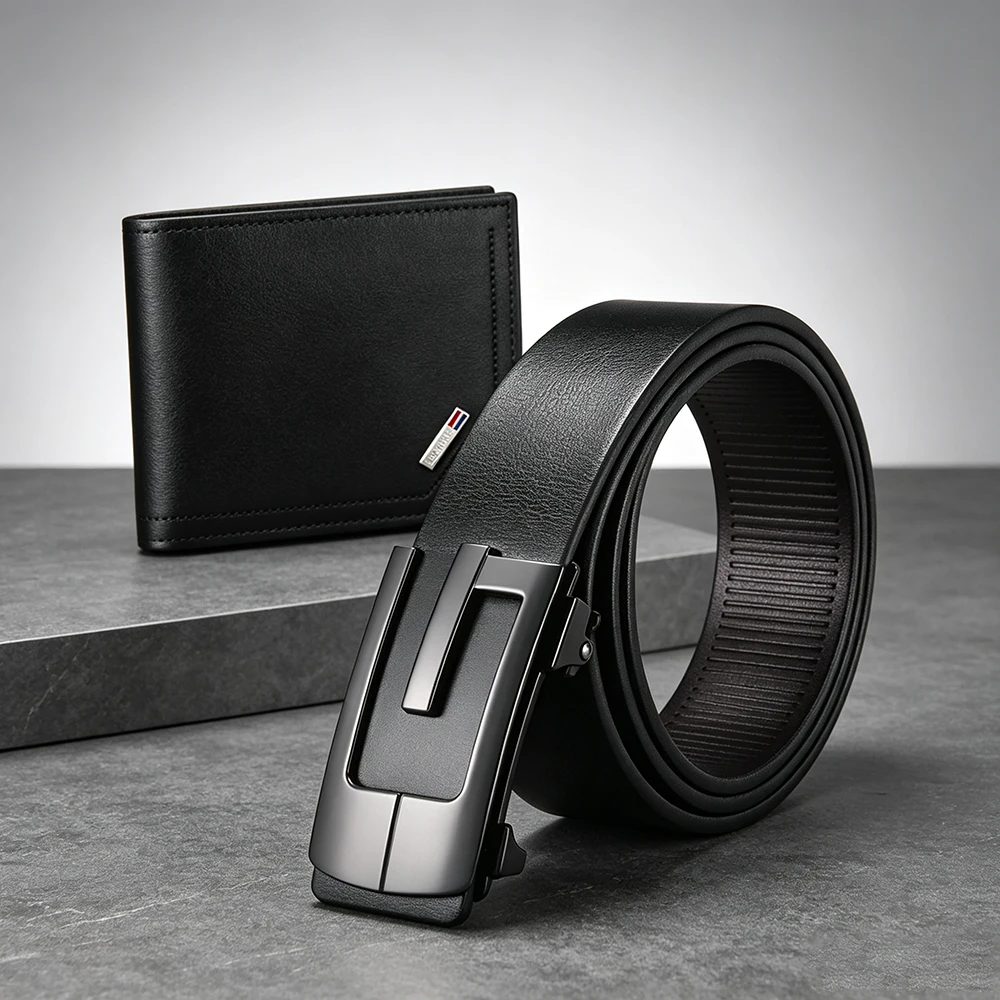 2pcs High Quality Men's Automatic Buckle Belt Wallet Set Fashion Retro Men's Business Casual Belt Trendy Men Ideal Gifts