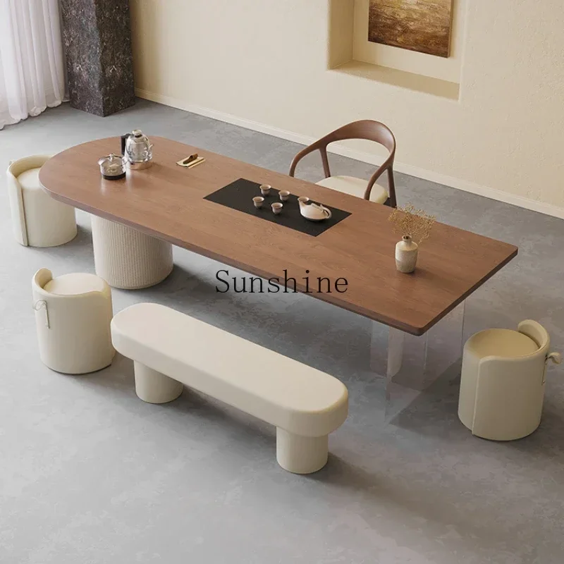 

Modern simple solid wood large board tea table and chair combination living room home office tea table