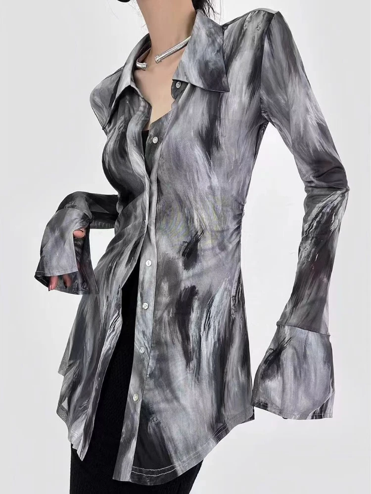 

Fashion Vintage Blouses Tie Dye Turn Down Collar Flare Sleeve Spicy Girl Shirts Spring Female Slim Aesthetics Women's Clothing