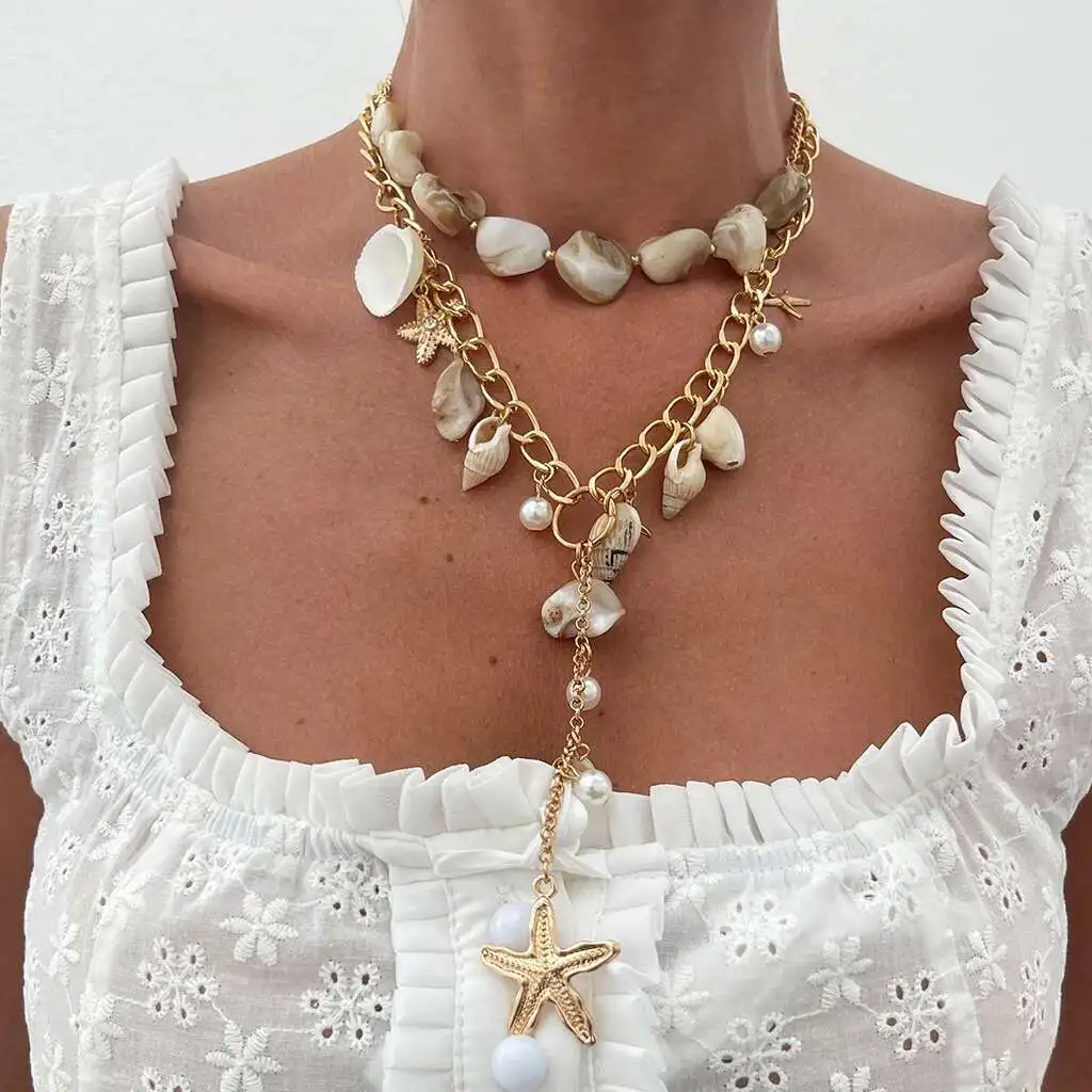 Ingemark 2Pcs/Set Boho Irregular Fritillary Conch Chain Necklace Women Summer Beach Vintage Starfish Pendant Choker Y2K Jewelry