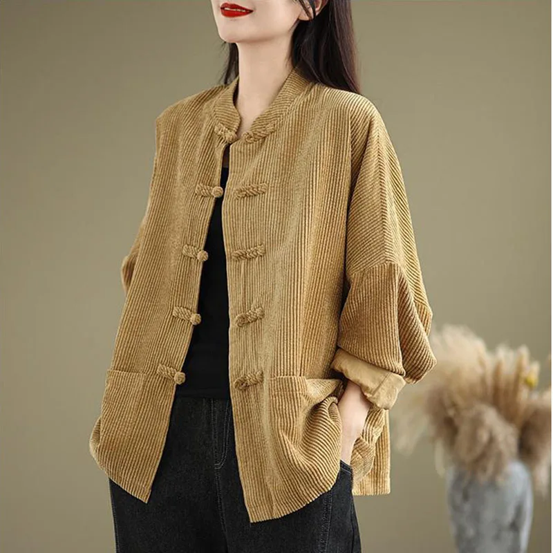 New Spring Autumn with Improved Tang Style Loose Single-breasted Stand Coat Female Top Chinese Style Retro Corduroy Jacket Women