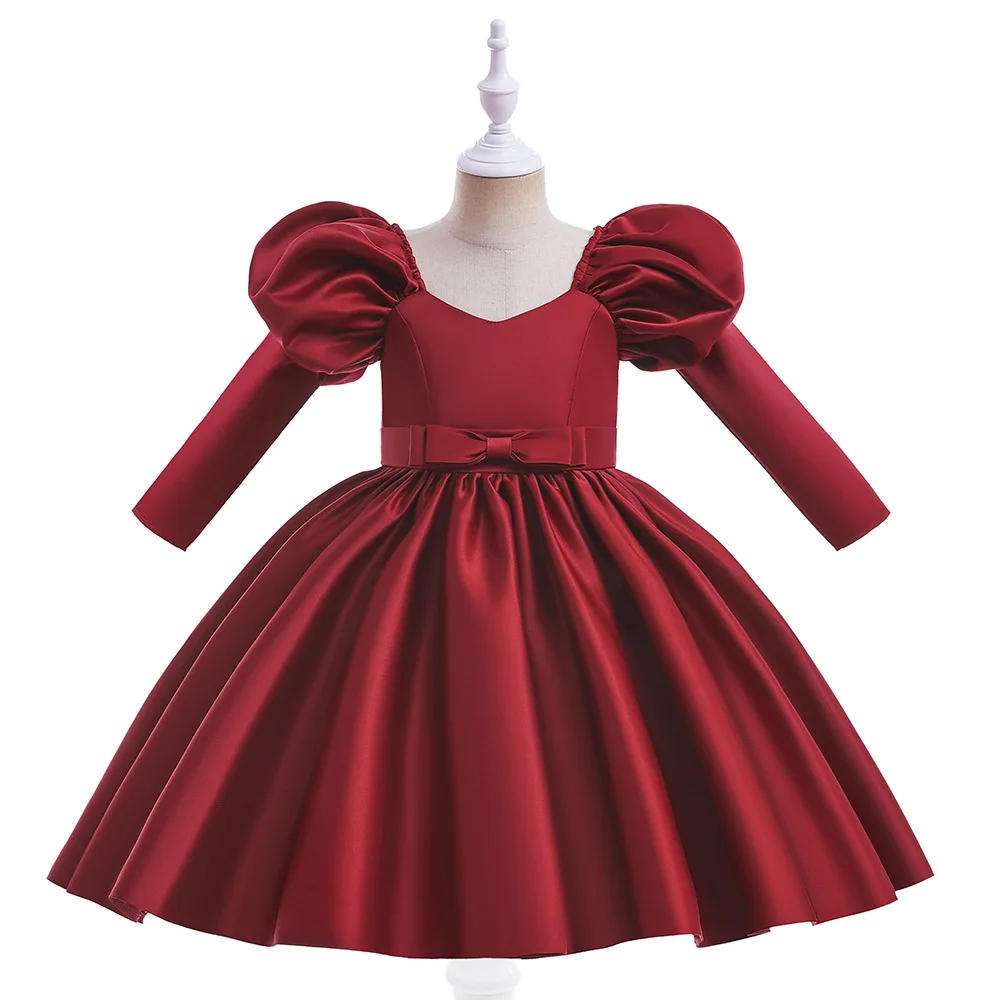 Autumn Long Puffy Sleeve Dresses for Girls Wedding Christmas Party Princess Costume With Bow Teen Children's Birthday Prom Gown