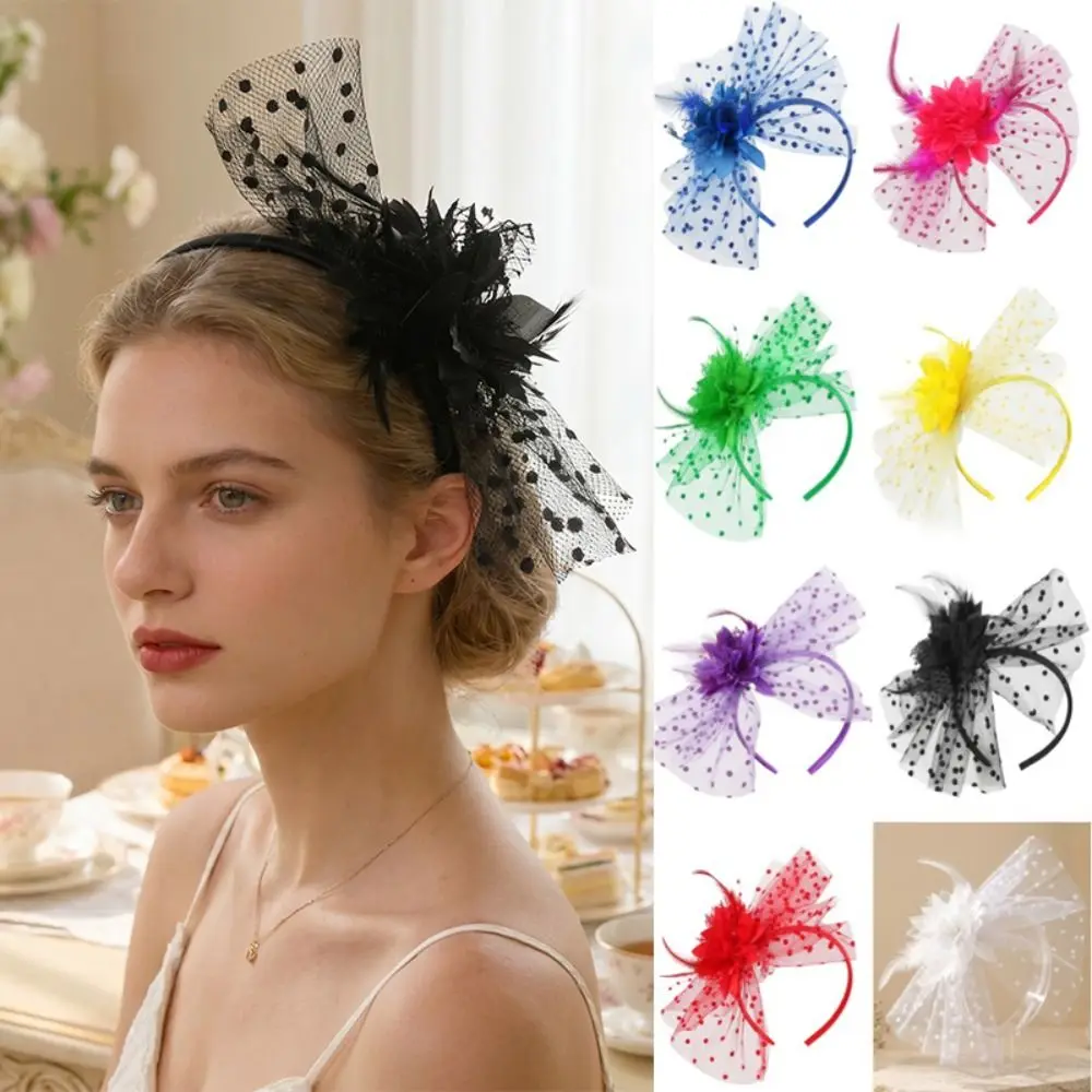 Headpiece Exquisite Mesh Flower Headband Elegant Bow Feather Hairpiece Formal Hat Sweet 1920s Hair Accessories Stage Performance