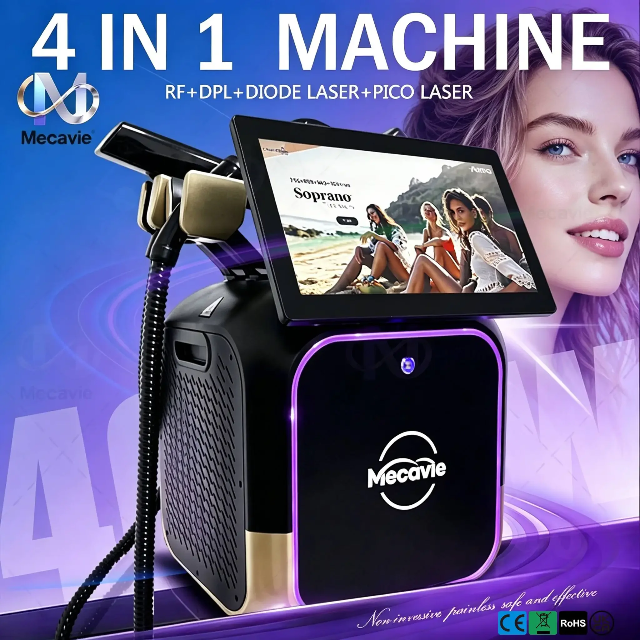 New Female Soprano 4 Wavelength Diode Painless Hair Removal 4In1 4500W ND:YAG Tattoo Removal RF IPL Skin Whitening Rejuvenation