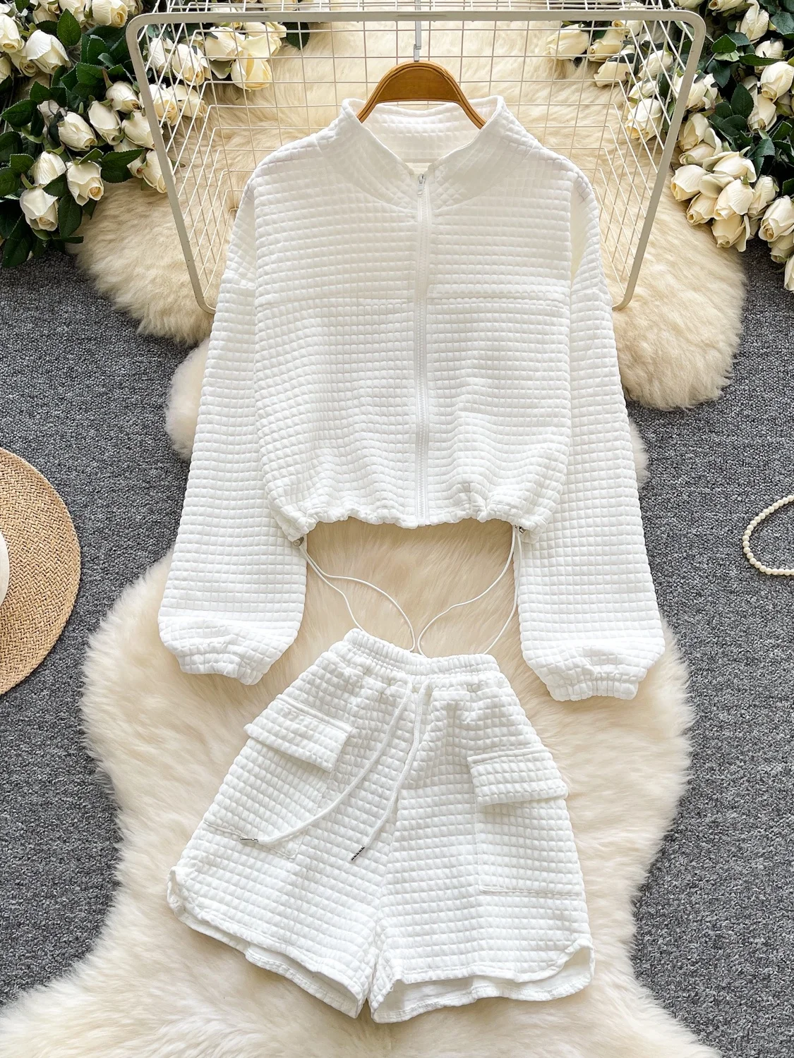 Conjunto de Moda para Mujer, Estilo Dulce y Picante, Plones Cortos de Pierna Ancha con Cintura Alta y Cordón Ajustable, T...