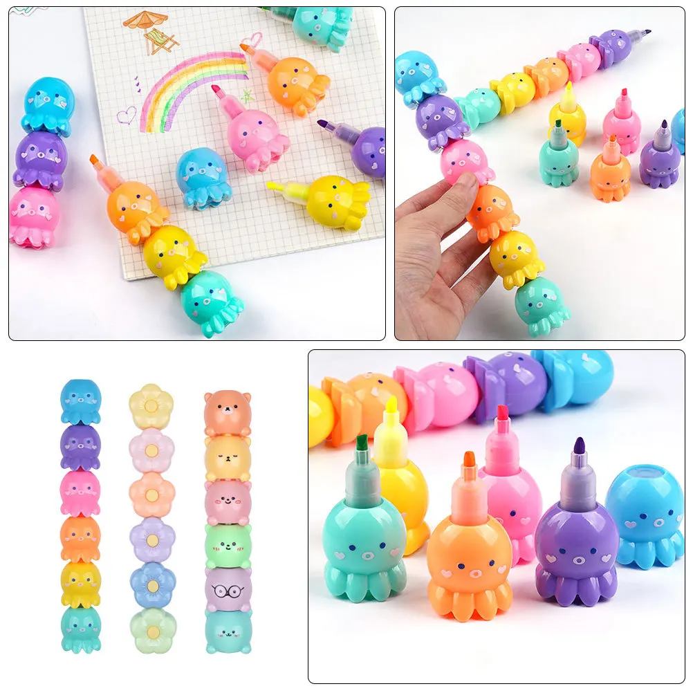 

3 set Cartoon Highlighter Pens 3 Sets Stackable Mini Markers Assorted Colors Water-Based Pigment Long-Lasting Ink For School