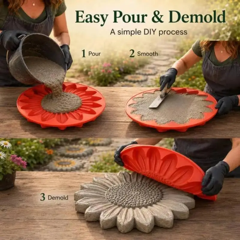 【CC】Reusable Sunflower Concrete Stepping Stone Mold, DIY Walkway Paver Mold for Outdoor Patio Lawn Garden Decoration