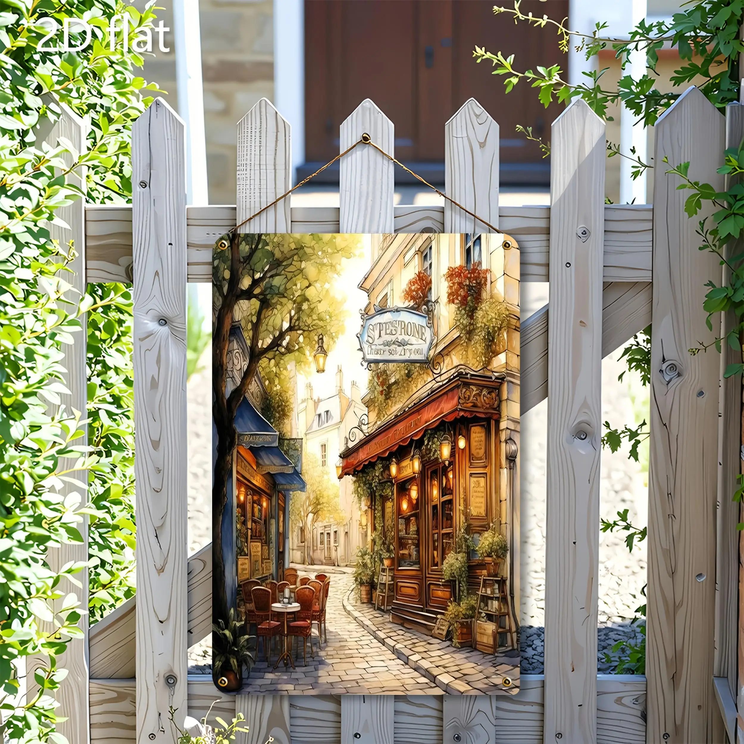 2D Flat, 1pc Vintage Parisian Café Metal Wall Art - French Country Street Scene with Balcony & Cobblestone - Rustic Tin Sign