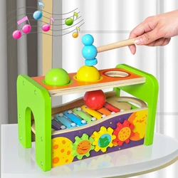 Banco de xilófono de madera 4 en 1, juguetes musicales, martilleo de Libra, juego de gota de bola de grifo, juego Montessori sensorial, juguetes educativos para niños pequeños