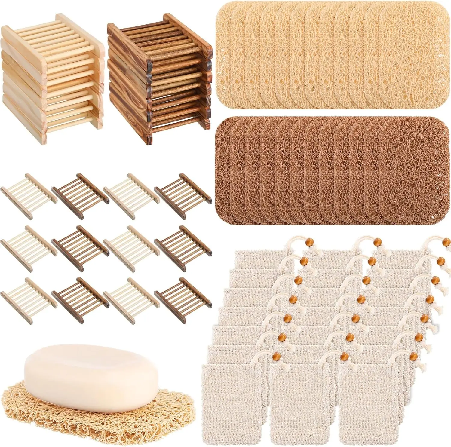 

90 Pcs Soap Saver Set Including Wooden Dish, Exfoliating Bag, Saver Pads Bulk with Self Drain, Bar Soap Holder Mesh Bag for Show