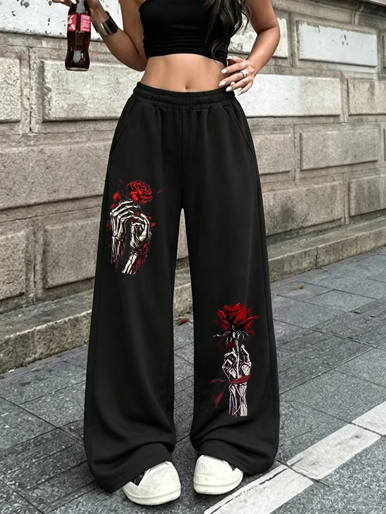 American Street Gothic Style Skeleton Hand Red Rose Print Wide Leg Pants for Men and Women in Plus Size Y2K Subculture Pants