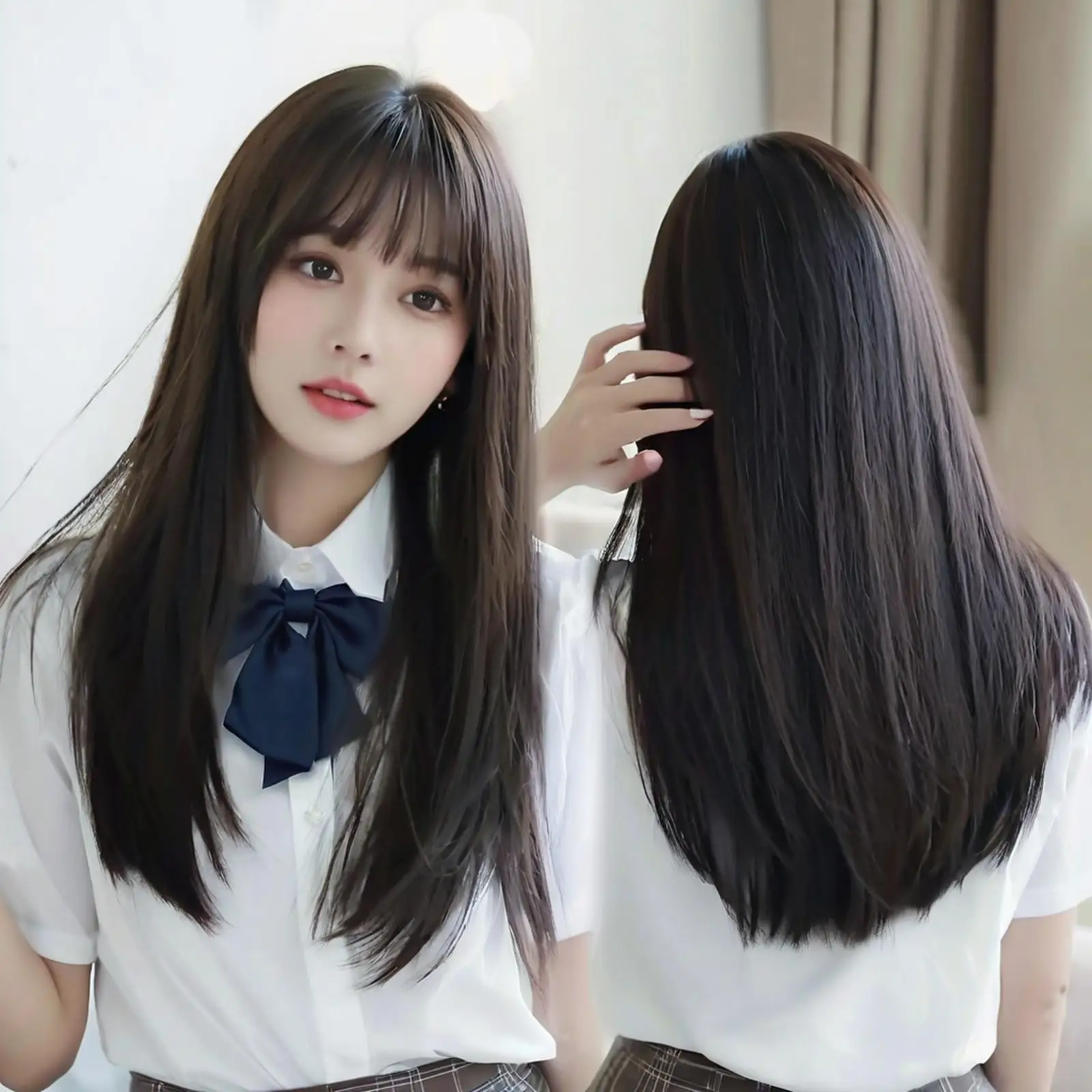 كوريا الشعر الاصطناعية لطيف JK فتاة تأثيري الانفجارات الهوائية شعر مستعار تنفس غطاء رأس 50 سنتيمتر طويل مستقيم شعر مستعار قبعة ل ث