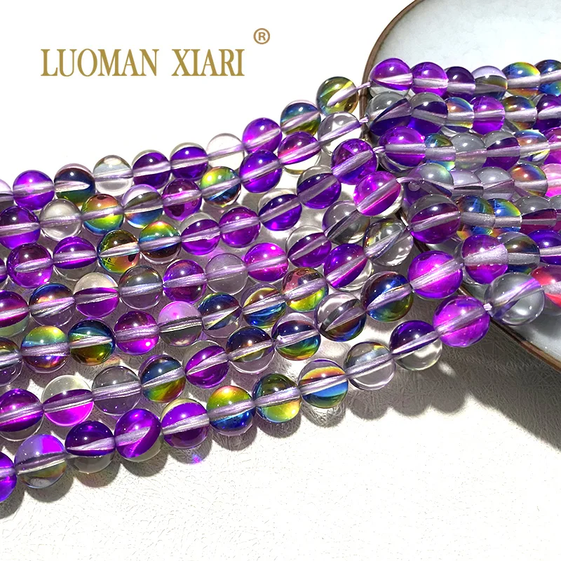 Pierre de lune scintillante en cristal autrichien, perles d'espacement rondes en verre lisse, perles AB pour bijoux, bracelet de bricolage exécutif, document violet, 15 en effet, nouveau