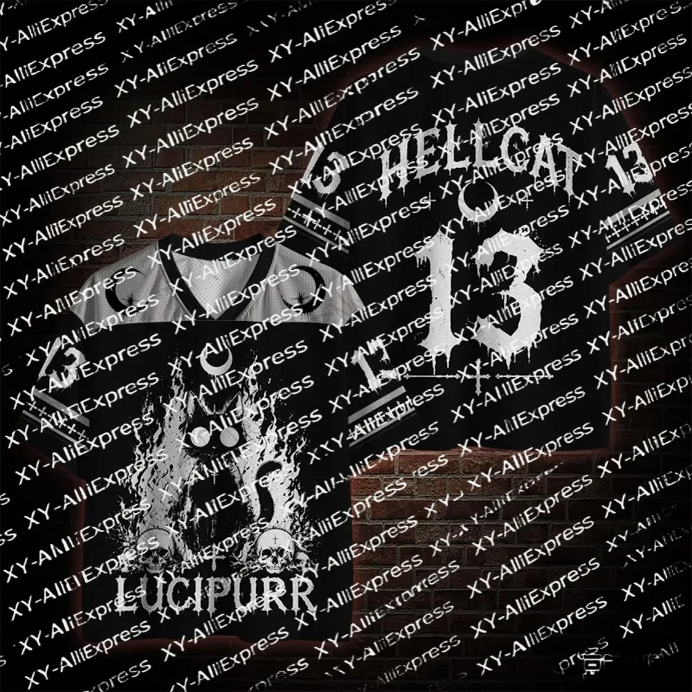 Gothic Demon Black Cat Hockey Jersey for Men, Gray and Black Sublimation Print Short Sleeve Street Style T-Shirt Skull Pattern