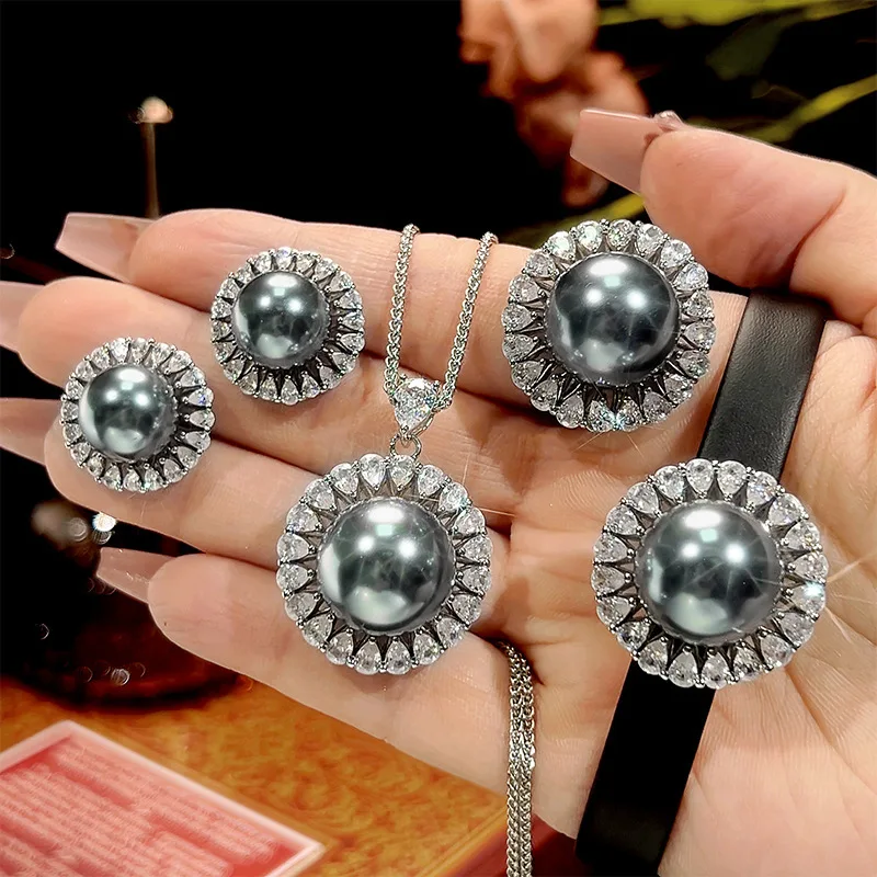 

Black Tahitian Pearl Jewelry Sunburst Design Ring Adjustable Necklace Earrings Bracelet for Women Luxury Wedding Party Jewelry