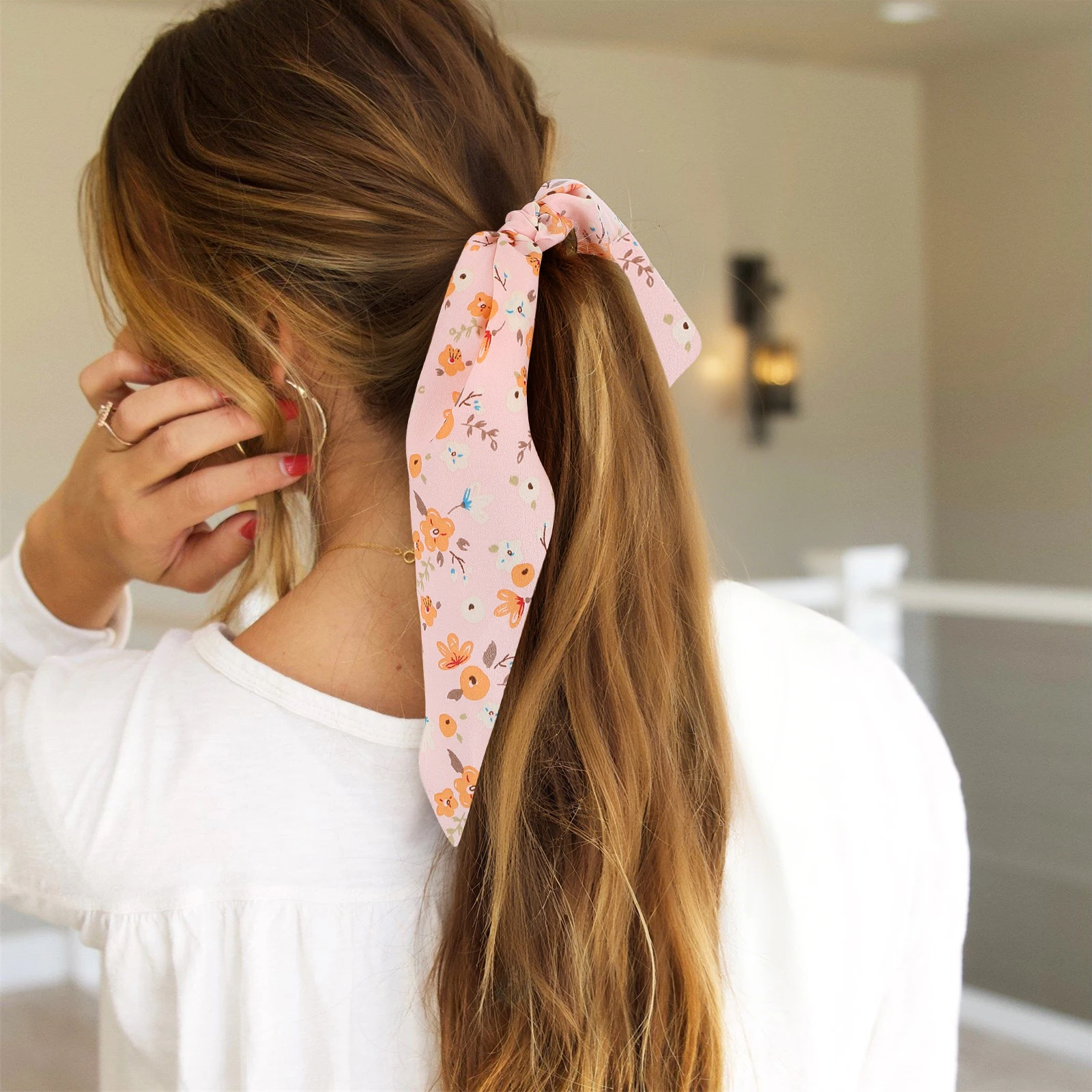 

5pcs Floral Ring Elastic Scrunchies Cloth Ribbon Long Ties Women Ponytail Holders Printing Hair Accessories Durable Hair