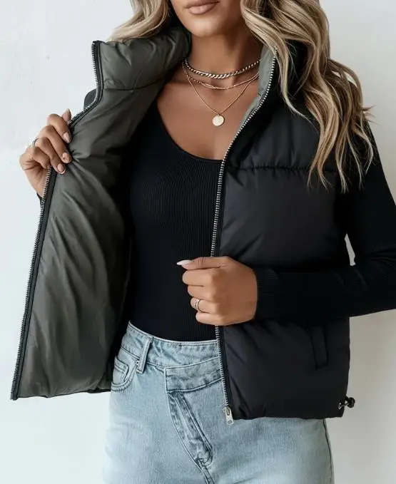 سترة بدون أكمام مملوءة بأكمام دافئة للنساء في أزياء الشتاء، طراز كلاسيكي، سحاب أمامي، سترة قصيرة للأسفل #4