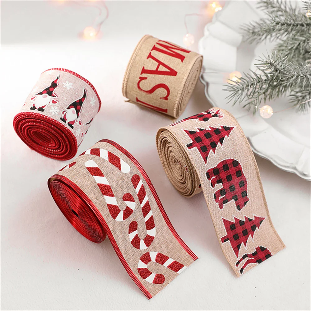 2M/Roll Christmas Linen Ribbons Santa Claus Xmas Crutch Printed Ribbon DIY Wreath Bows New Year Gift Wrapping Crafts Decoration