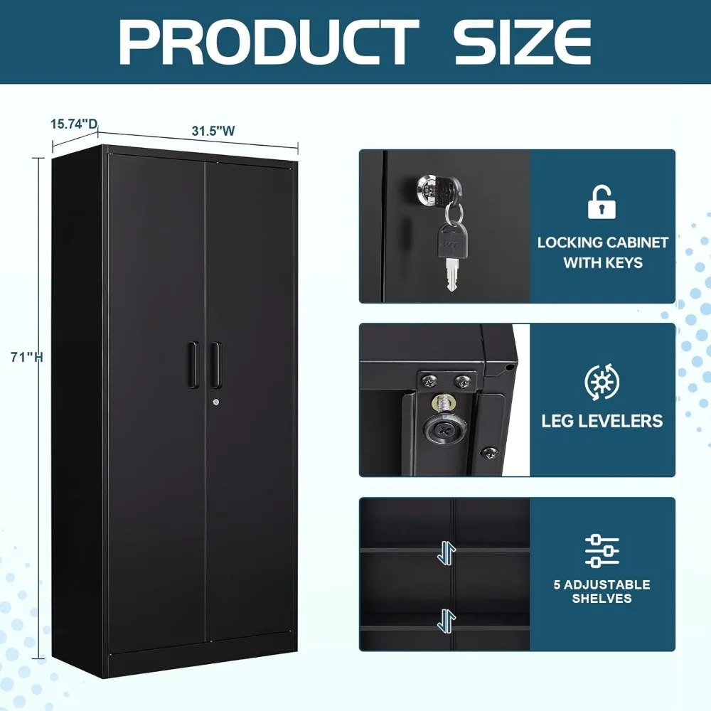 Lockable Steel Utility Cabinet with 5 Shelves for Garage Storage, 71 Tall Metal Tool Storage Cabinet with Doors
