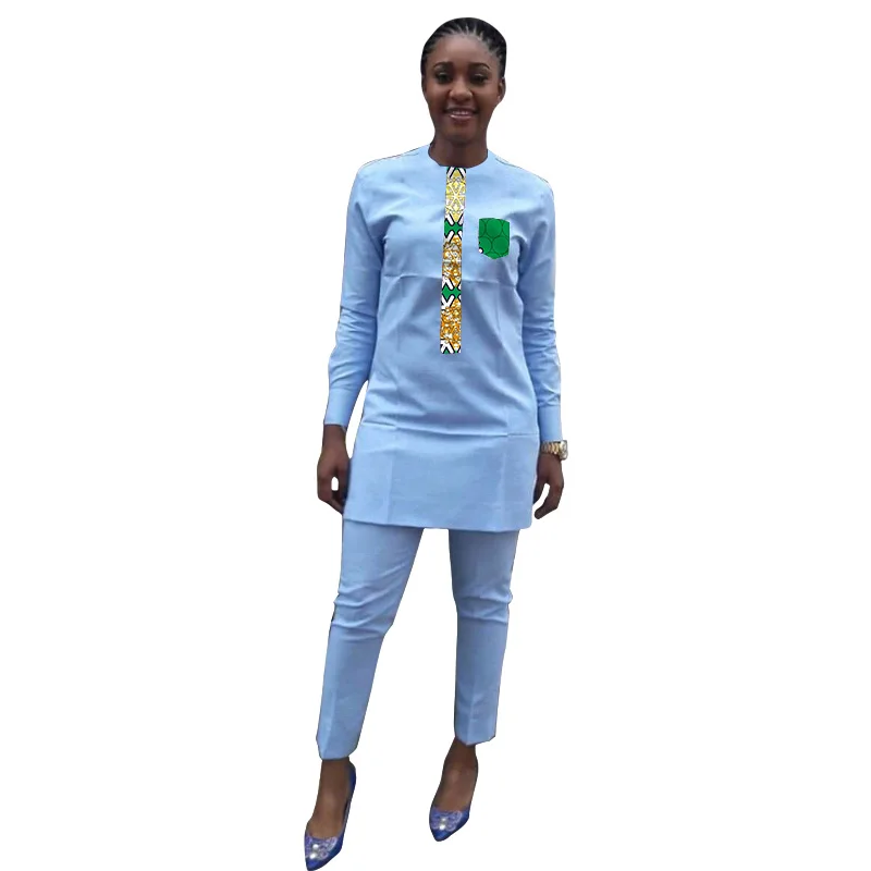 Light Blue Women Patchwork Tops With Trousers Ankara Outfits Festival Shirt+Pant Female African Personalized Wear