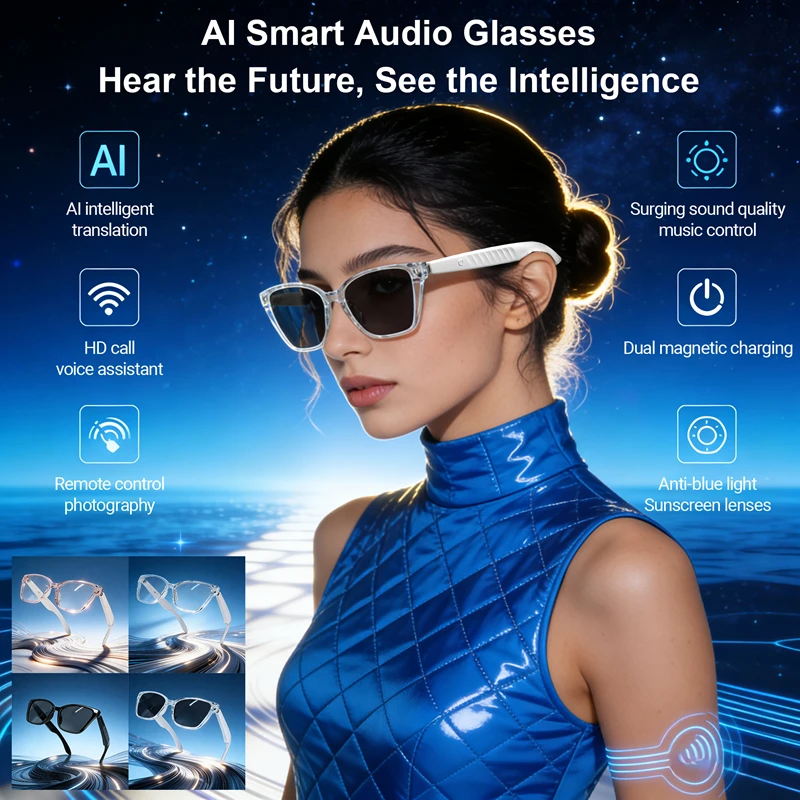 Intelligent Glasses AI Translation Smart Glasses Bluetooth Call Headphones UV Protective Lenses Outdoor Sports Sunglasses