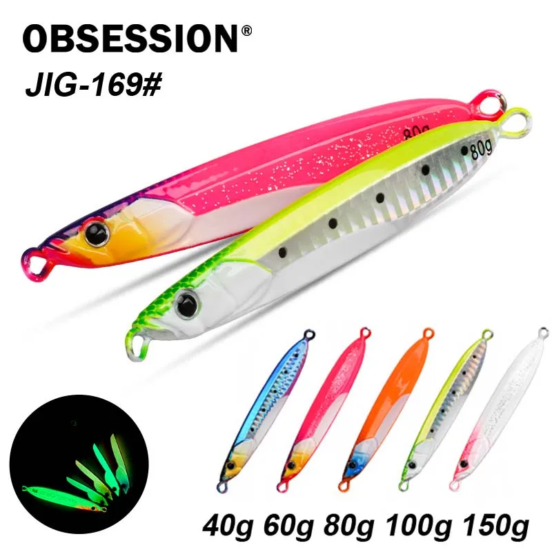 OBSESSION J169 Металлическая приманка Slow Fall Jig 40-150 г, светящаяся в УФ-свете, с лазерным отражением, для морской рыбалки на дальние забросы, для ловли групера и скумбрии