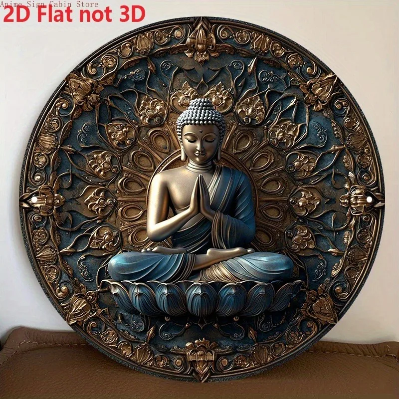 2D-Flachbild, 1 Stück, 20,32 x 20,32 cm, rundes Metallschild – Friedliche Buddha-Statue auf Lotus mit goldenen Akzenten und exquisiter Flora