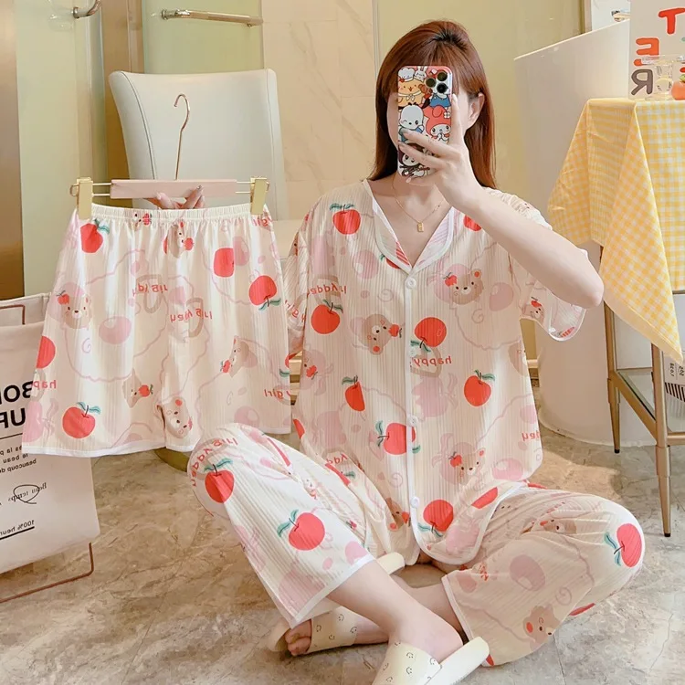 Anime Kawaii Pajamas Women Summer Short-sleeved Trousers Three-piece Cartoon  Loose Pit Milk Silk Pyjamas Women Sleepwear