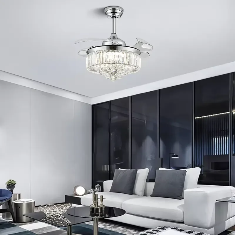 Luxury Crystal Smart LED Lamp Hotel Remote Control Retractable Chandelier Fan Light Ceiling Living Lighting