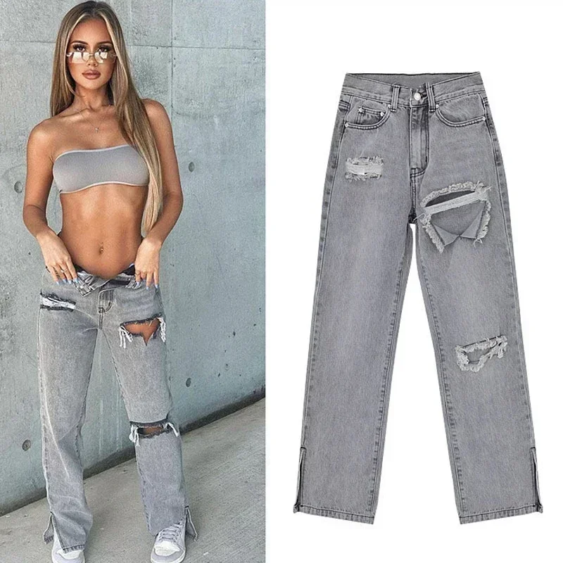 

Sexy Cut Out Jeans High Waist Long Trousers Pants Women Jeans Split Pants 2024 New Fashion Street Hipster Straight Pants 30209